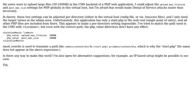 How to use max_post_size and upload_max_filesize in an Apache ＜Location＞ directive? смотреть онлайн