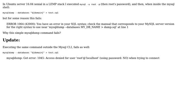 Unix & Linux: MySQL dump fails when done by root user (2 Solutions!!) смотреть онлайн