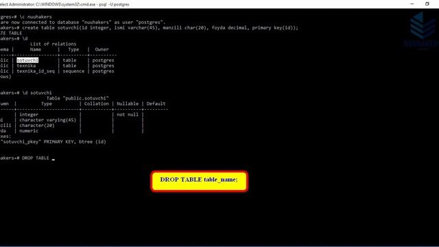 3-dars. PostgreSql - CREATE TABLE, DROP(jadval yaratish va o'chirish)[NuuHakers] смотреть онлайн