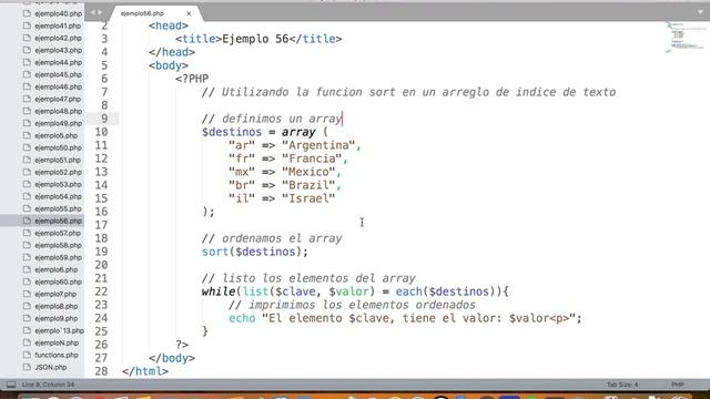 56. Ejemplo en PHP de ordenación con "sort" con índice de texto смотреть онлайн