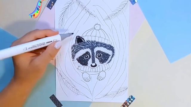 ??РИСУЕМ ЕНОТА В ШАПОЧКЕ?? Енот в дупле.Енот в снегу❄️