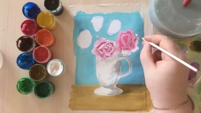 Как нарисовать РОЗЫ В ВАЗЕ гуашью - пошаговый урок рисования. Рисуем цветы в вазе красками. смотреть онлайн