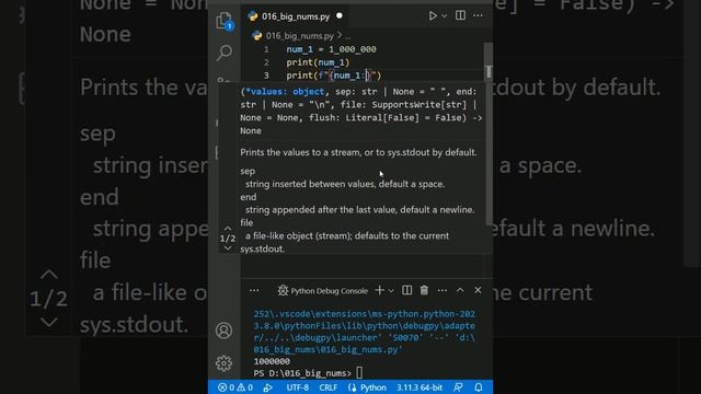 Удобная запись больших чисел #python смотреть онлайн