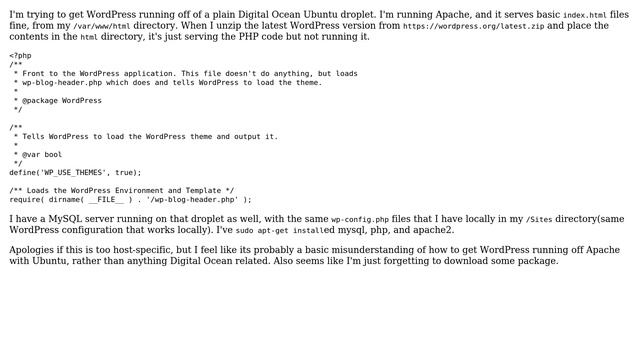 Wordpress: Apache /Ubuntu server not running WordPress installation, outputting PHP code like HTML смотреть онлайн
