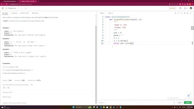 Leetcode Poblem 58 Length of the last word. Solution with python смотреть онлайн