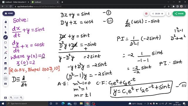 Solve: dx/dt +y= Sint and dy/dt +x= cost ; y(0)= 0 and x(0)= 2 | Simultaneous Differential Equation смотреть онлайн