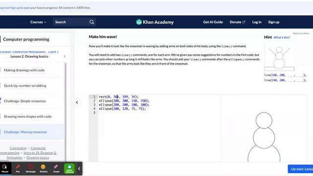 Khan Academy Challenge: Waving snowman | Intro to JS: Drawing & Animation | Computer programming смотреть онлайн