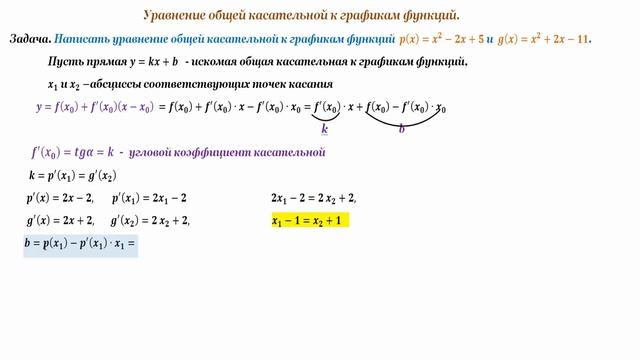 Уравнение общей касательной к графикам функций. смотреть онлайн