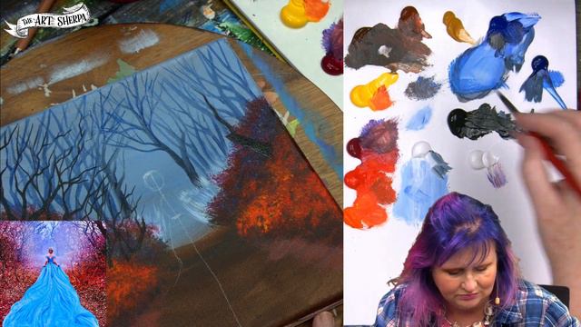 Live stream acrylic Art class Autumn Forest Fairytale Girl in Blue Dress  TheArtSherpa