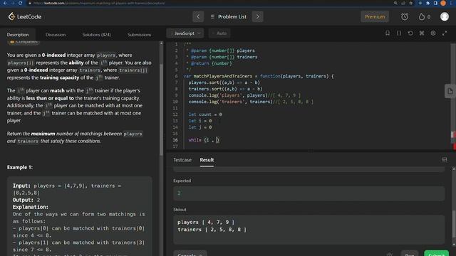 Maximum Matching of Players With Trainers LeetCode JavaScript Two Pointers смотреть онлайн
