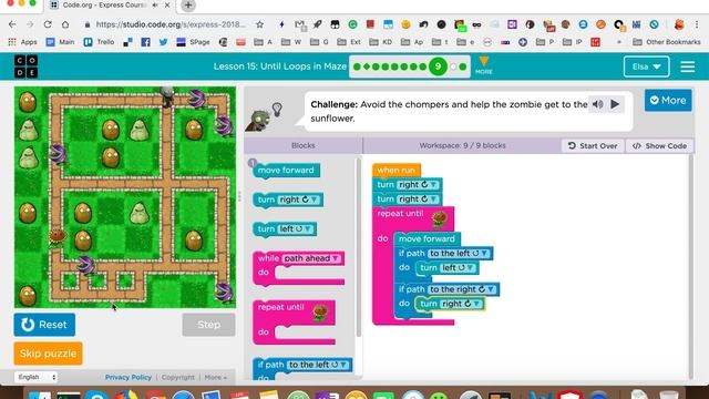 Code.org course Express 2018 Stage 15 Puzzle 9 | Class 15 Until Loops in Maze Puzzle 9 смотреть онлайн