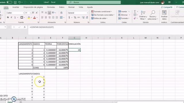 Teoría de Laplace utilizando Excel. Simulación de 100 lanzamientos con 1 dado. смотреть онлайн