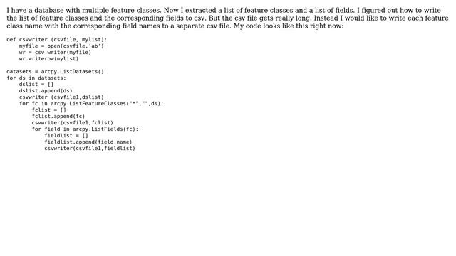 GIS: Writing list of feature classes with fields to one csv file per feature class? смотреть онлайн