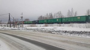 2ТЭ116-1638 с холодным 2ТЭ116-502 и грузовым поездом пересекает переезд