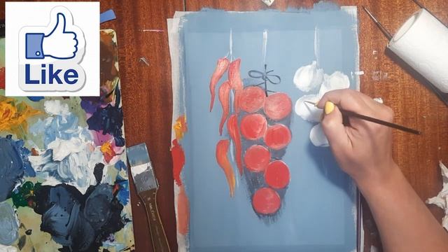 Как нарисовать натюрморт красками. Как нарисовать помидоры и перец. Нарисуем чеснок. Рисуем овощи. смотреть онлайн