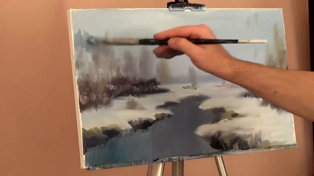 Oil painting lesson. Урок масляной живописи. Пишем начало зимы. Лесной мотив с речкой. смотреть онлайн