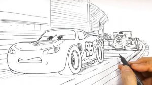 Draw LIGHTNING McQUEEN overtaking FRANCESCO in CARS 2 Tokyo Night Race Drawing and Coloring Pages