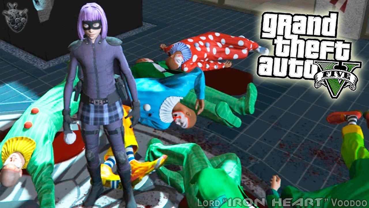 GTA V! УБИВАШКА HIT-GIRL УБИВАЕТ БАНДУ КЛОУНОВ! ОБЗОР МОДОВ GTA V ПО ФИЛЬМУ! GTA 5 MODS [ГТА 5 МОДЫ] смотреть онлайн