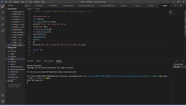 Sum of factorials program in C language. смотреть онлайн