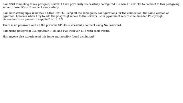 Databases: Postgresql: When using SSH tunnel, I receive the fe_sendauth: no password supplied error смотреть онлайн