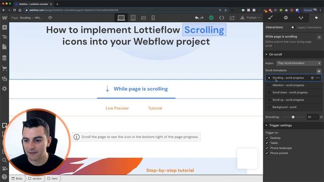 Lottie scrolling icon - While page scrolling - Webflow Interactions tutorial смотреть онлайн