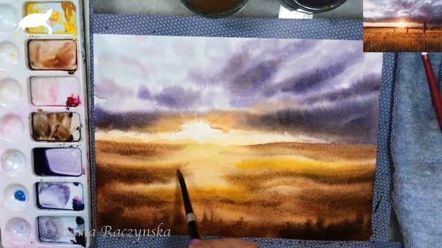 Landscape Painting Wheat Field in Watercolor смотреть онлайн