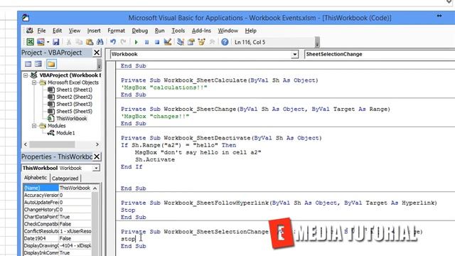 Microsoft Excel Visual Basic for Aplications VBA Tutorial 19 SheetSelectionChange ✓ E Media T смотреть онлайн