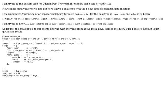 Wordpress: WordPress custom loop filter by meta_key and value with serialize data смотреть онлайн
