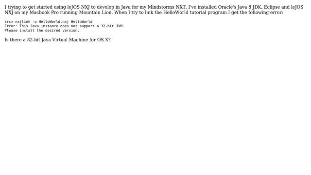 Apple: Linker Error: leJOS NXJ HelloWorld complains 32 bit JVM unsupported смотреть онлайн