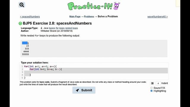 Java Practice It || 2.8 spacesAndNumbers || nested for loops смотреть онлайн