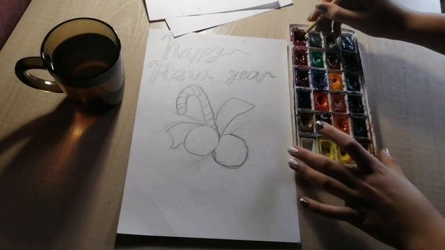 Как нарисовать новогодний рисунок/акварель/новогодний скетч акварелью/скетч смотреть онлайн