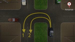 По какой траектории разрешено выполнить разворот на нерегулируемом перекрёстке синему автомобилю?