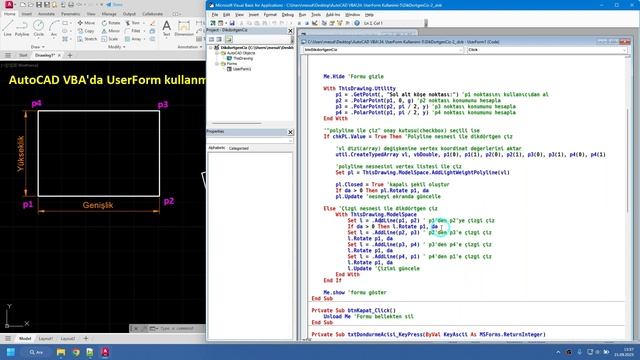AutoCAD VBA #34. Dikdörtgen çiz-3. Döndürülmüş dikdörtgen смотреть онлайн