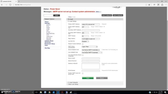Lexmark SMTP setup смотреть онлайн
