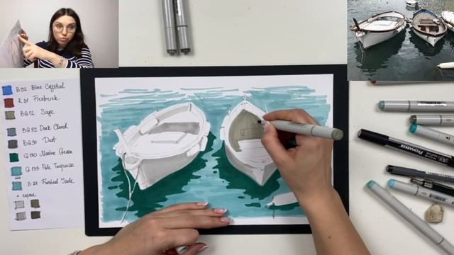Мастер-класс по скетчингу маркерами «Две лодки» | Нарисовать лодки на воде поэтапно смотреть онлайн