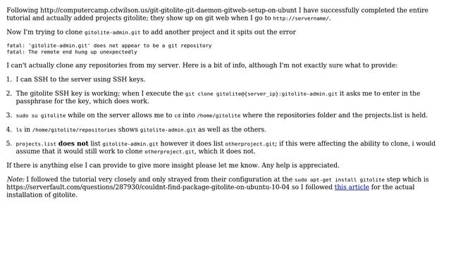 Troubles cloning from a git / gitolite / git-web / git-daemon server (Fatal:... смотреть онлайн