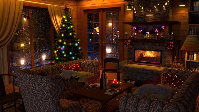 Christmas Cabin Ambience | Tree & Snowstorm & Crackling Fireplace Sounds 8 Hours