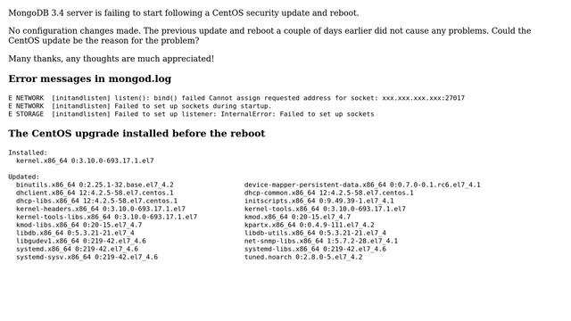 Databases: MongoDB 3.4 Server not starting with bind error following a CentOS 7.4 security update смотреть онлайн