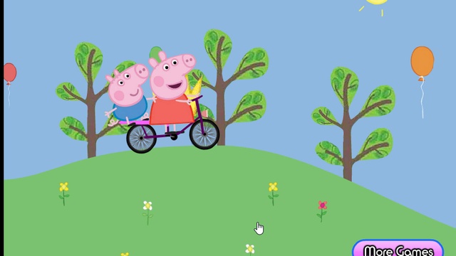 Свинка Пеппа и ее брат Джордж катаются на велосипеде.