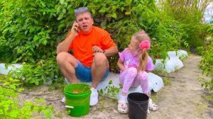 Настя с папой собирают овощи на ферме для мамы. История для детей