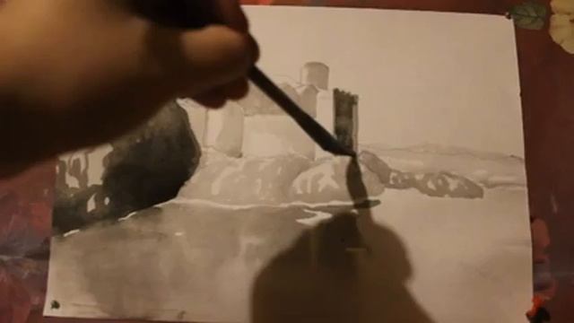 Как нарисовать пейзаж Рисуем тушью и акварелью замок на берегу (ускоренное видео) смотреть онлайн