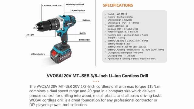 DRILL Brushless Electric Drill 20 Torque 115NM Cordless Screwdriver WOSAI 20V