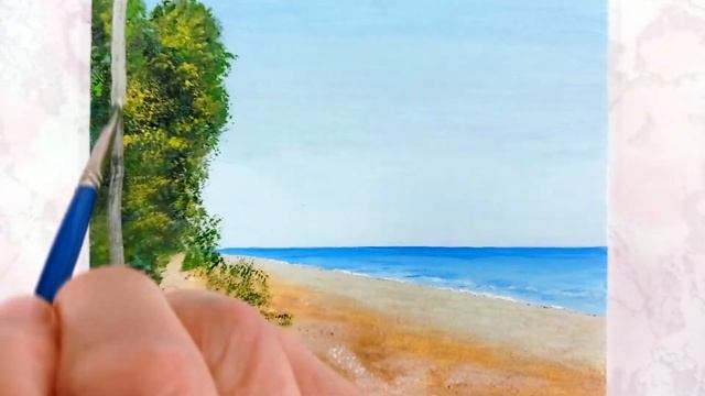 Рисование деревьев у песчаного берега. Живопись маслом. смотреть онлайн