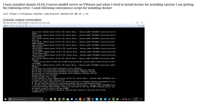 Docker installation failed on ubuntu-16.04.3-server-amd64 on VMware смотреть онлайн