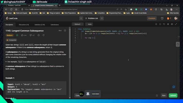 Leetcode 1143. Longest Common Subsequence - Python Solution смотреть онлайн