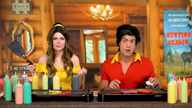 BELLE VS GASTON PANCAKE ART CHALLENGE. We Make Frozen 2, Beauty and the Beast, & Lion King Pancakes смотреть онлайн