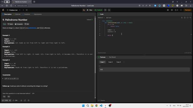 Решение задачи Palindrome Number с LeetCode на Python смотреть онлайн