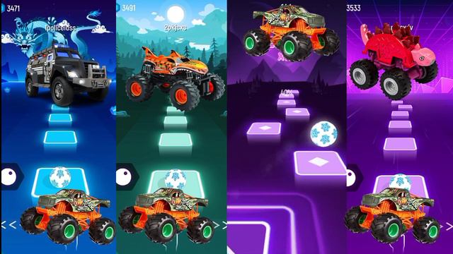 Monster Trucks : Police Truck- Shark Truck- Hot Wheels Monster Truck- Dinosaur Truck -- Tiles hop смотреть онлайн