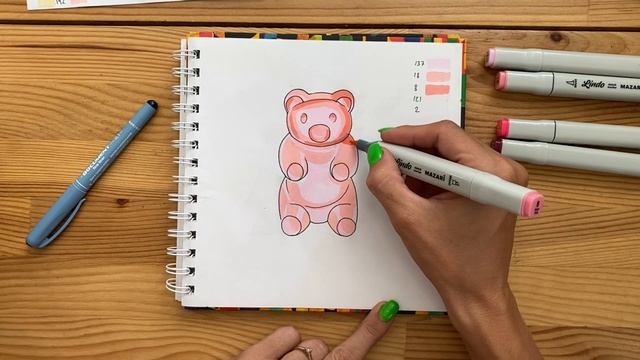 Рисунок скетч маркерами "Мармеладный мишка" для скетчбука | Срисовка картинки для начинающих смотреть онлайн