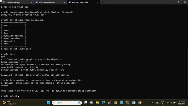 MySQL: How to create a user and then check the current user and how to change the password of user. смотреть онлайн